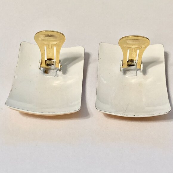Vintage Cream Beige Copper Swirl Enamel Clip On Earrings 70s 80s Retro Fall - Picture 8 of 11